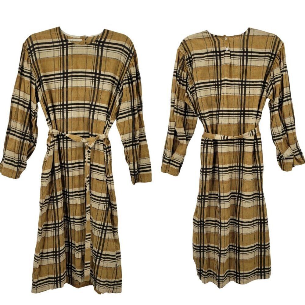 Eleven Eleven Checkered Plaid Mustard Belted Midi Dress Sz M Modest India Pocket